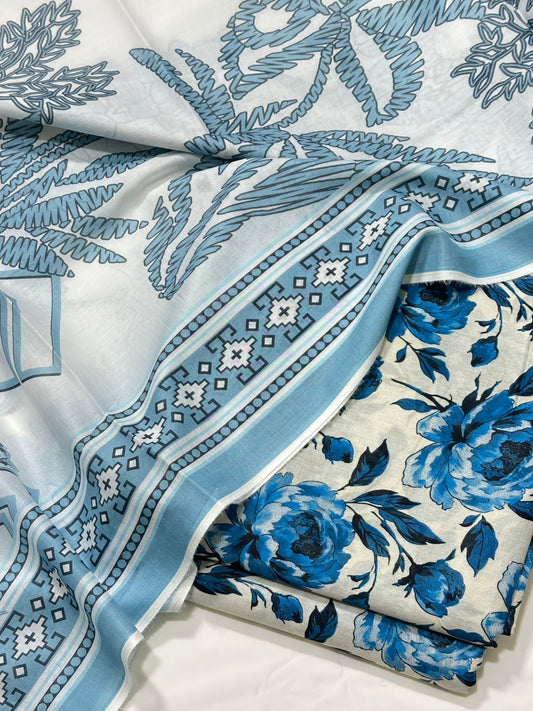 Floral 3PC Lawn Suit with Voile Dupatta