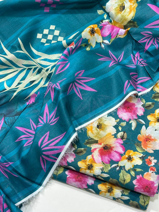 Floral 3PC Lawn Suit with Voile Dupatta